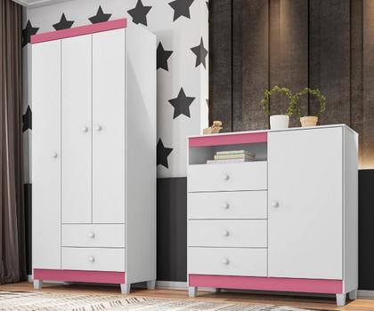 Imagem de Kit Guarda Roupa Infantil 3 Portas 2 Gavetas e Cômoda Sapateira 1 Porta 4 Gavetas Branco Flex Azul ou Rosa