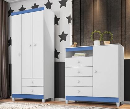 Imagem de Kit Guarda Roupa Infantil 3 Portas 2 Gavetas e Cômoda Sapateira 1 Porta 4 Gavetas Branco Flex Azul ou Rosa