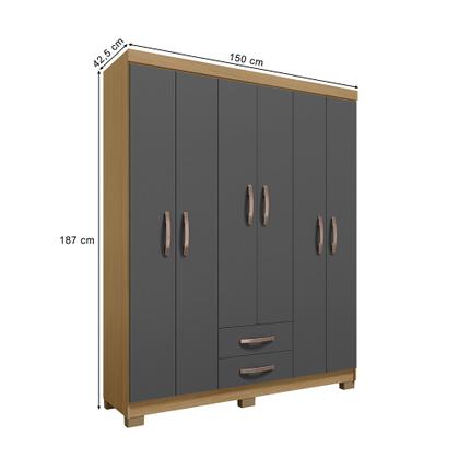 Imagem de Kit Guarda Roupa Porto Belo 6P 2G c/ Cômoda Sapateira 1P 4G e Armário Multiuso 2P I01 Carvalho Grafite Clique Chique