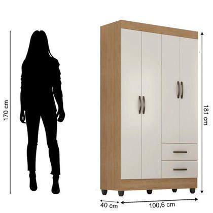 Imagem de Kit Guarda-roupa Solteiro 4 Portas E Cômoda 4 Gavetas Lisa Nature/off White