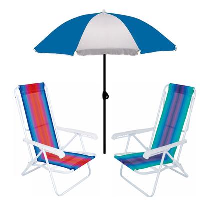 Imagem de Kit Guarda Sol 1,8m Fashion 2 Cadeira Reclinável 8 Posições Aço Praia Camping Piscina - Mor