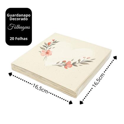 Imagem de Kit Guardanapo Estampado Coração Floral Bege Luxo 40 Folhas 33cm - Tuut