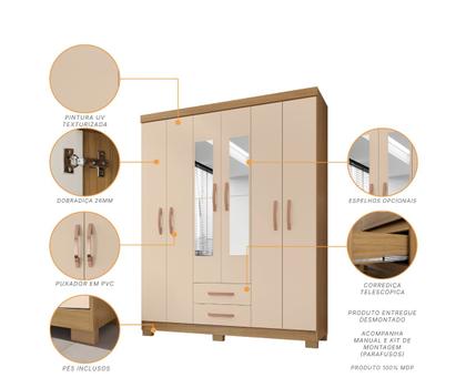 Imagem de Kit GuardaRoupa Casal 6 Portas 2 Gavetas com Espelho Cômoda Sapateira 1 Porta 4 Gavetas Armário Multiuso 2 Portas Off White