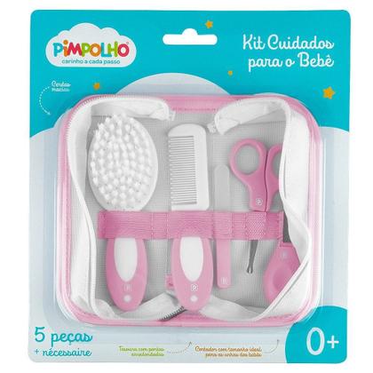 Imagem de Kit Higiene 5 Peças + Estojo Necessaire Feminino Tesoura Escova Pente Cortador Unha Lixa Unha Rosa