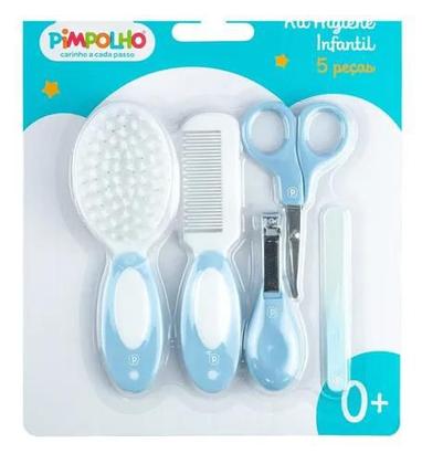Imagem de Kit Higiene Bebê 5 peças azul Cortador de unha, Tesoura, Lixa, pente e escova pimpolho