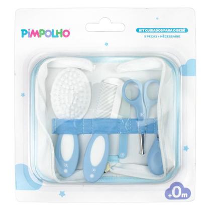 Imagem de Kit Higiene Bebê 5 Peças Com Nécessaire Escova Pente Tesoura Cortador Lixa Vidro Rosa Azul Cinza Pimpolho