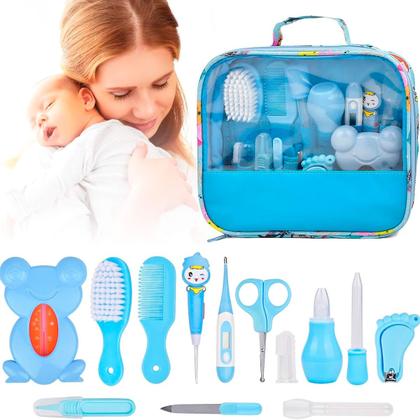 Imagem de Kit Higiene Bebê Azul Tesoura Escova De Dedo Bolsa