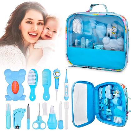 Imagem de Kit Higiene Bebê Azul Tesoura Escova De Dedo Bolsa
