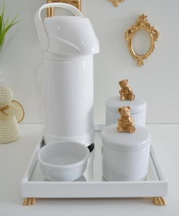 Imagem de Kit Higiene Bebê K012 Moderno Térmica Banho Porcelana Bandeja Espelho Cavalo Ursa Laço Dourado