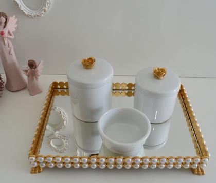 Imagem de Kit Higiene Bebê K036 Porcelana Bandeja Pérola Dourado Banho Cuidado Quarto Menino Menina