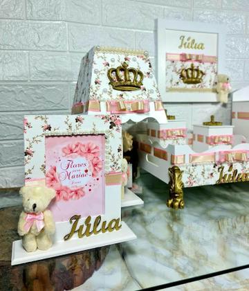 Imagem de Kit Higiene bebê Mdf 10 peças Luxo Passa fita Jardim flores HIPER LUXO BRANCO FLORIDO