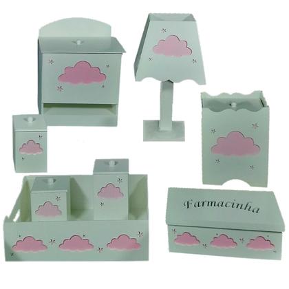 Imagem de Kit Higiene bebê mdf 8 pçs + 3 Nichos Brancos NUVEM MENINA (Pronta Entrega)