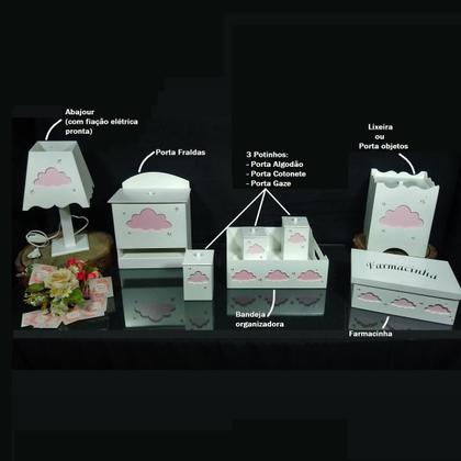 Imagem de Kit Higiene bebê mdf 8 pçs + 3 Nichos Brancos NUVEM MENINA (Pronta Entrega)