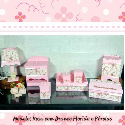Imagem de Kit Higiene bebê Mdf menina 8 pçs - ROSA COM BRANCO FLORIDO E PÉROLAS