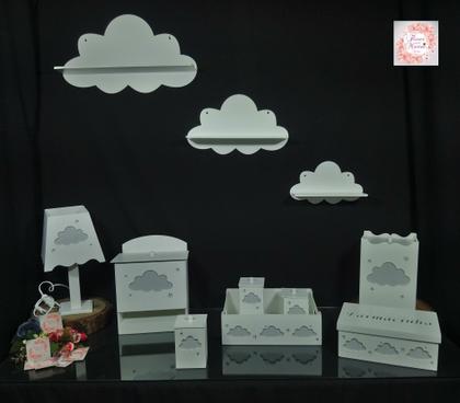Imagem de Kit Higiene Bebe Mdf Nuvem Cinza + 3 Nichos Nuvem Brancos