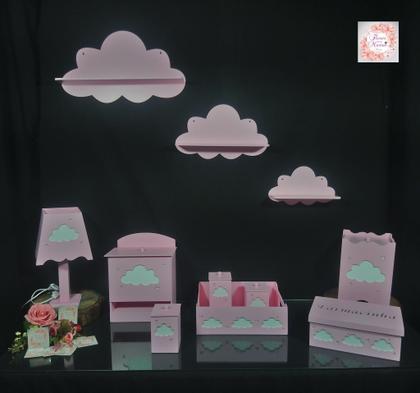 Imagem de Kit Higiene Bebe Mdf Nuvem Rosa + 3 Nichos Nuvem Rosa