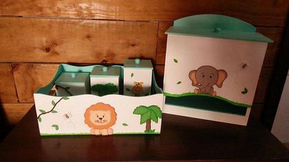 Imagem de Kit Higiene bebê MDF Safári Bichinhos da Floresta Verde