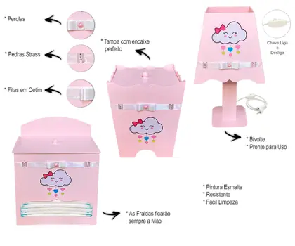 Imagem de Kit Higiene Bebê Menina Rosa com 8 Peças Tema Chuva de Amor em Madeira Mdf Decorado