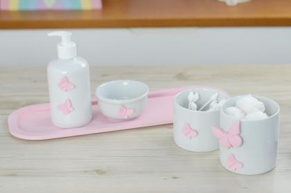 Imagem de Kit Higiene Bebê Porcelana Borboleta Menina Quarto Banho Cuidados K110