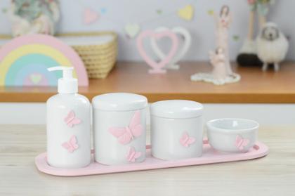 Imagem de Kit Higiene Bebê Porcelana Borboleta Menina Quarto Banho Cuidados K110