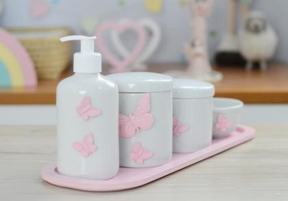 Imagem de Kit Higiene Bebê Porcelana Borboleta Menina Quarto Banho Cuidados K110