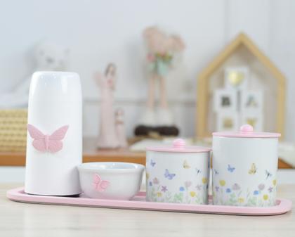 Imagem de Kit Higiene Bebê Porcelana Borboleta Rosa Menina Quarto Cuidados K205