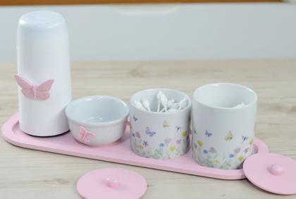 Imagem de Kit Higiene Bebê Porcelana Borboleta Rosa Menina Quarto Cuidados K205