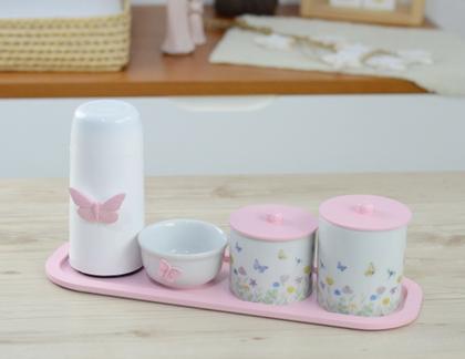 Imagem de Kit Higiene Bebê Porcelana Borboleta Rosa Menina Quarto Cuidados K205