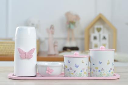 Imagem de Kit Higiene Bebê Porcelana Borboleta Rosa Menina Quarto Cuidados K205