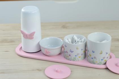 Imagem de Kit Higiene Bebê Porcelana Borboleta Rosa Menina Quarto Cuidados K205