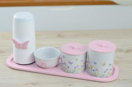 Imagem de Kit Higiene Bebê Porcelana Borboleta Rosa Menina Quarto Cuidados K205