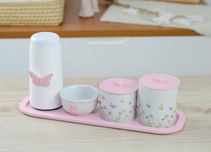 Imagem de Kit Higiene Bebê Porcelana Borboleta Rosa Menina Quarto Cuidados K205