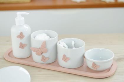 Imagem de Kit Higiene Bebê Porcelana Borboleta Rosê Menina Quarto Banho Cuidados K110