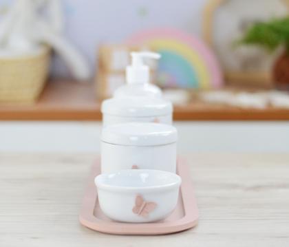 Imagem de Kit Higiene Bebê Porcelana Borboleta Rosê Menina Quarto Banho Cuidados K110