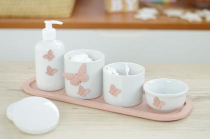 Imagem de Kit Higiene Bebê Porcelana Borboleta Rosê Menina Quarto Banho Cuidados K110