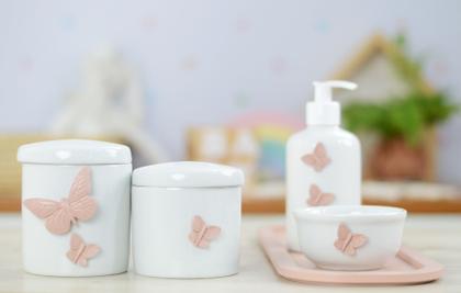 Imagem de Kit Higiene Bebê Porcelana Borboleta Rosê Menina Quarto Banho Cuidados K110