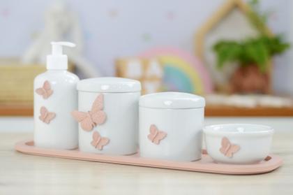 Imagem de Kit Higiene Bebê Porcelana Borboleta Rosê Menina Quarto Banho Cuidados K110