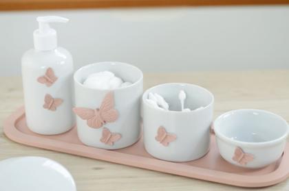 Imagem de Kit Higiene Bebê Porcelana Borboleta Rosê Menina Quarto Banho Cuidados K110