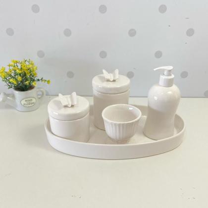 Imagem de Kit higiene bebê porcelana branca borboleta 4 pc band oval