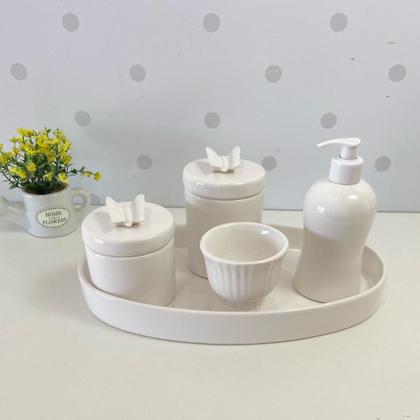Imagem de Kit higiene bebê porcelana branca borboleta 4 pc band oval