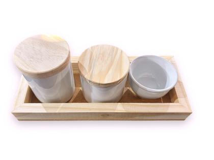 Imagem de Kit Higiene Bebê Porcelana Branca Menino Menina Molhadeira, Potes e Bandeja de Madeira Maternidade