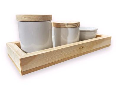 Imagem de Kit Higiene Bebê Porcelana Branca Menino Menina Molhadeira, Potes e Bandeja de Madeira Maternidade