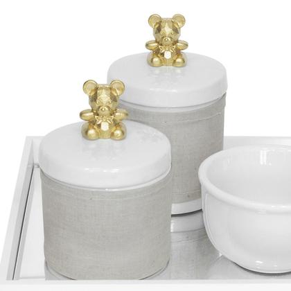 Imagem de Kit Higiene Bebê Porcelanas Algodão Bandeja Ursinho Dourado