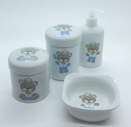 Imagem de Kit Higiene Bebê Príncipe Ursinho 4 Peças - Potes, Porta Álcool e Molhadeira em Porcelana
