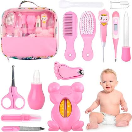 Imagem de Kit Higiene Bebê Rosa Escova Tesoura Aspirador Nasal Bolsa