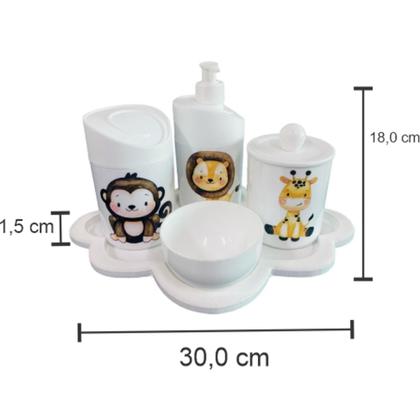 Imagem de Kit Higiene Bebê Safari Leão, macaco e girafa + Cabideiro Infantil Nuvem