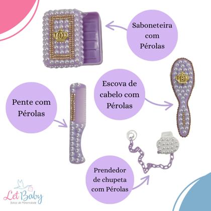 Imagem de Kit higiene de bebê com Escova Pente Saboneteira prendedor de Chupeta com Pérolas - Várias cores