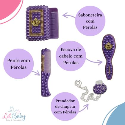 Imagem de Kit higiene de bebê com Escova Pente Saboneteira prendedor de Chupeta com Pérolas - Várias cores