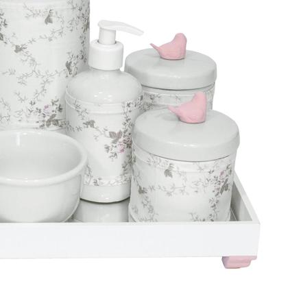 Imagem de Kit Higiene Espelho Completo Porcelanas, Garrafa e Capa Passarinho Rosa Quarto Bebê Menina