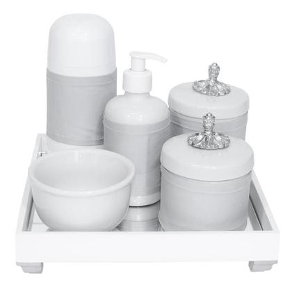 Imagem de Kit Higiene Espelho Completo Porcelanas, Garrafa Pequena e Capa Provençal Prata Quarto Bebê Unissex